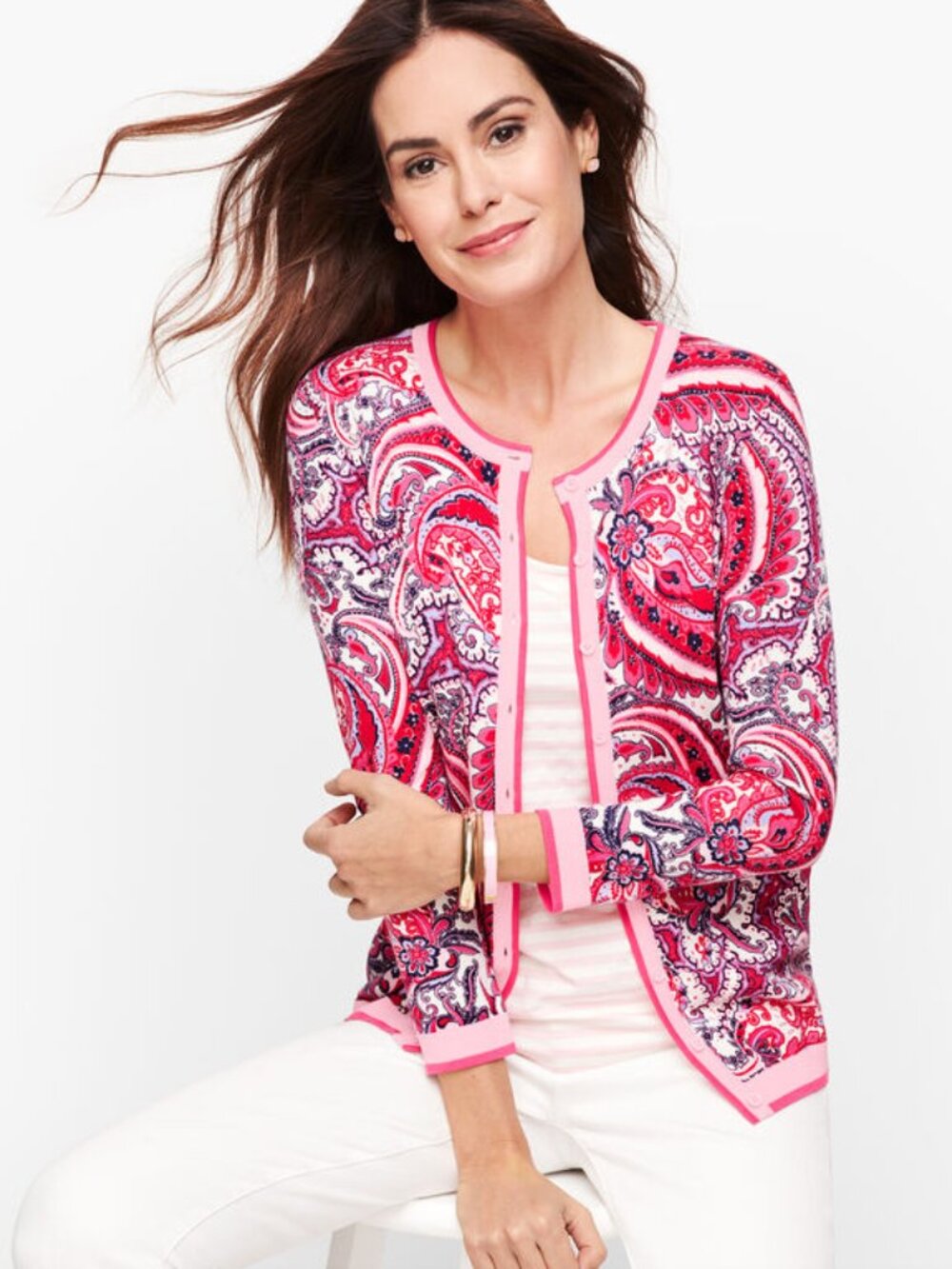 Talbots Charming Cardigan Pink Paisley Preppy Crew Neck Nancy Meyers Sz MP